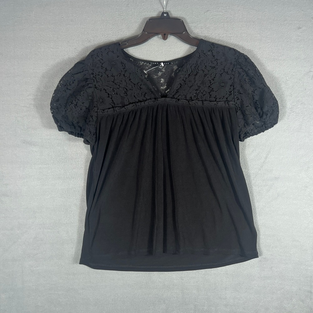 Como Black Womens Top Size S Black Lace Yoke Puff Sleeve Babydoll V-Neck